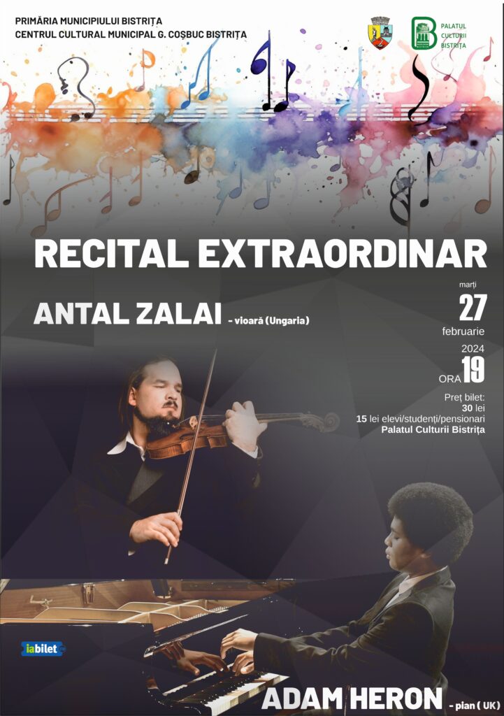 Recital extraordinar la Palatul Culturii: concertează Antal Zalai (vioară) şi Adam Heron (pian)